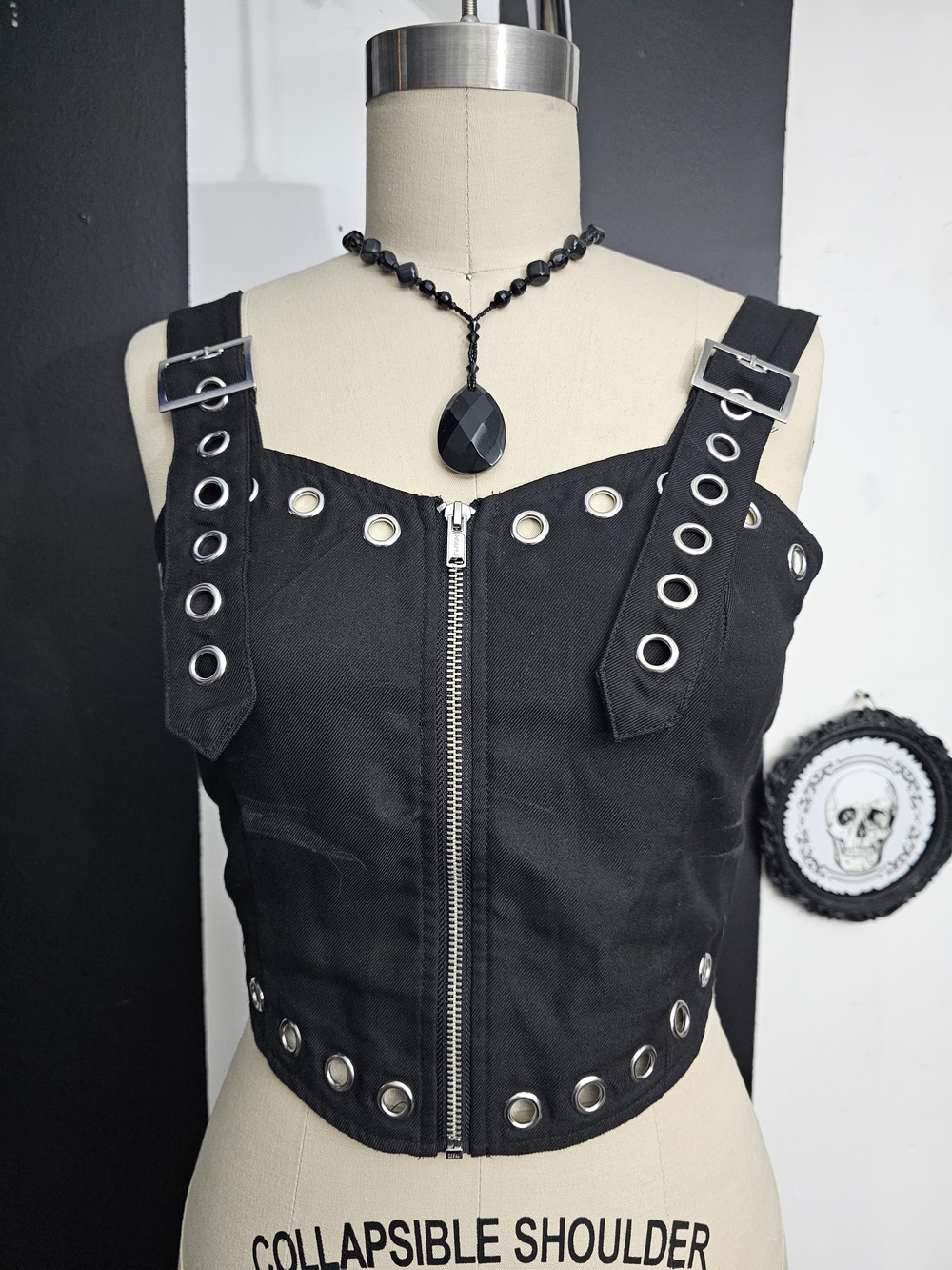 Black Grommet Zip-Front Tank Top